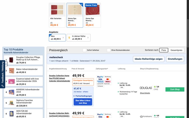 Beispielansicht: Die Erweiterung zeigt erwartete Meilen und einen effektiven Preis neben einem idealo-Angebot